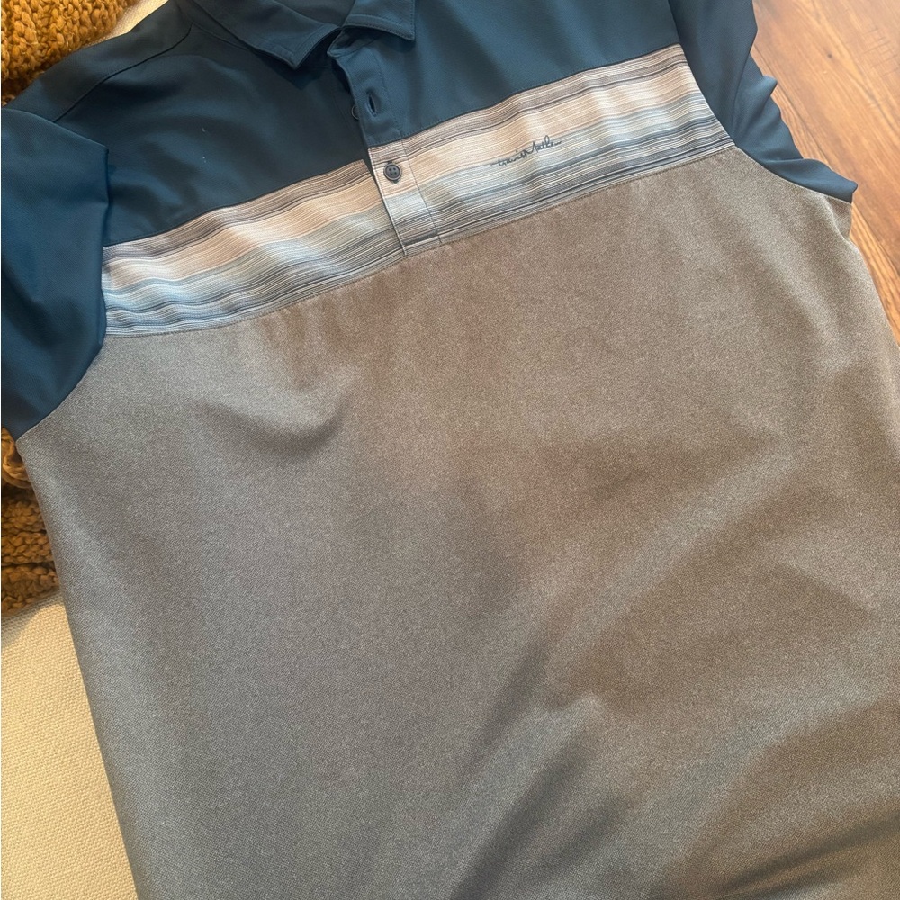 TravisMathew Two-Tone Polo in Navy and Gray with Striped Chest